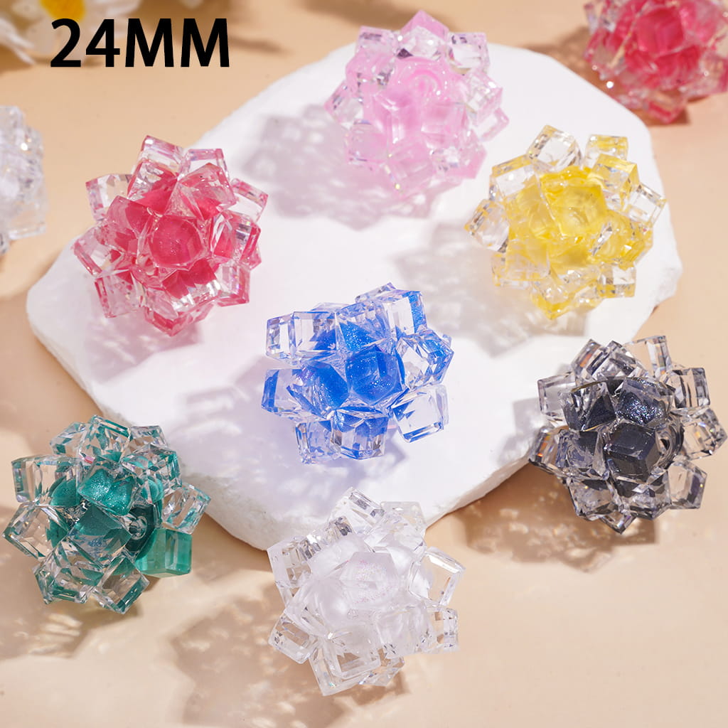 Handmade Faceted Crystal Square Acrylic Bead Balls with Glitter Fill, Clear Decorative Ornaments for Sparkling 24MM, Random Mix