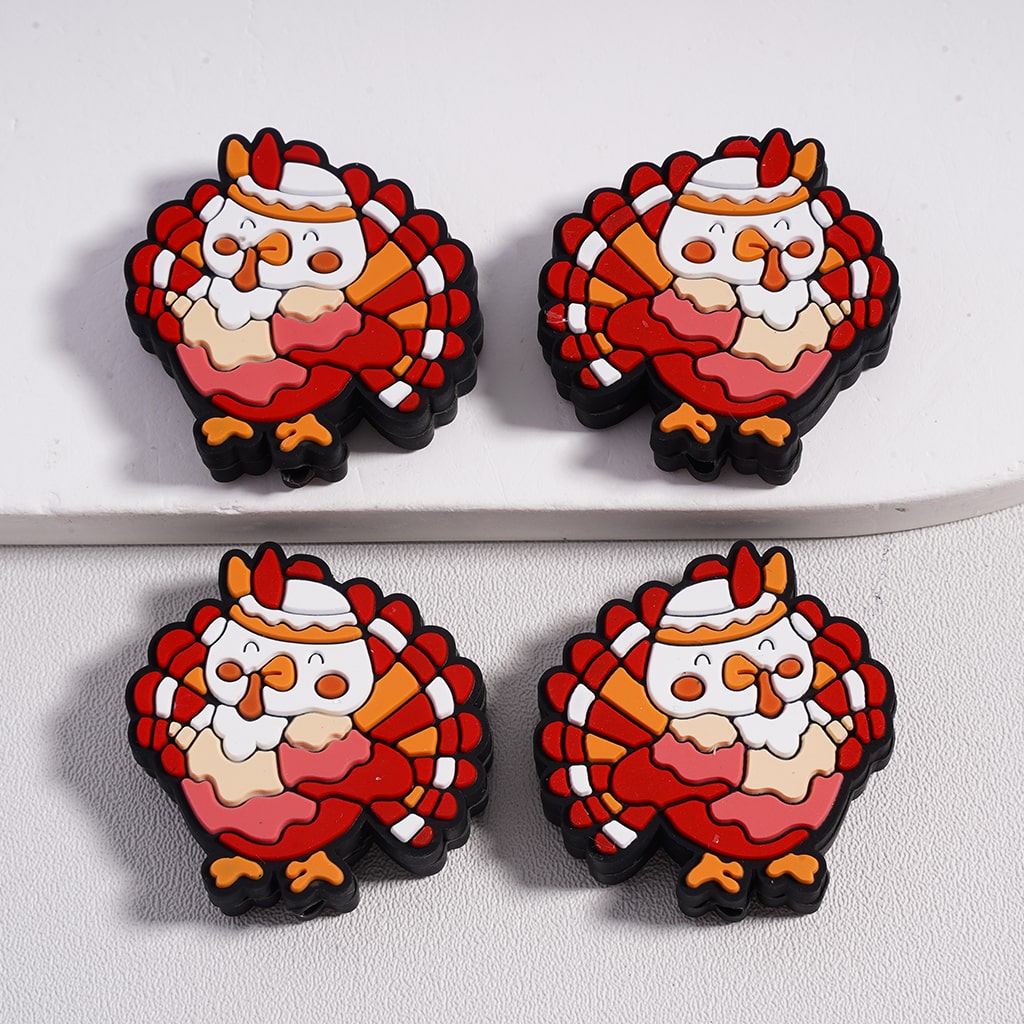 Gobble Gobble Cute Turkey with Bow Thanksgiving Day Colorful Theme Silicone Focal Beads