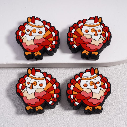 Gobble Gobble Cute Turkey with Bow Thanksgiving Day Colorful Theme Silicone Focal Beads