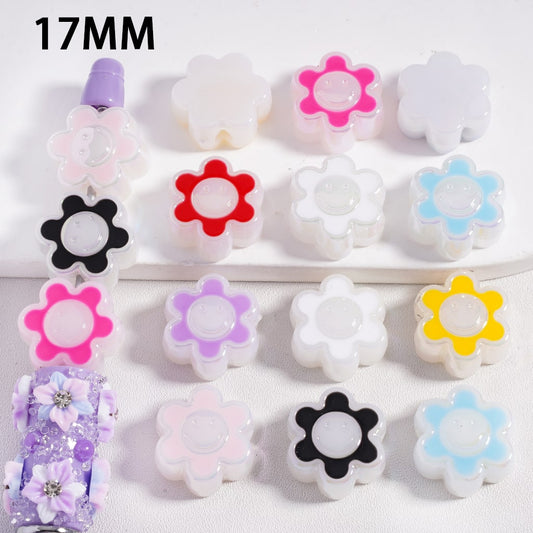 UV Coated Cute Smile Face & Plum Blossom  Flower Prints 17mm Acrylic Beads  (The Hole is Horizontal, not Vertical) Random Mix