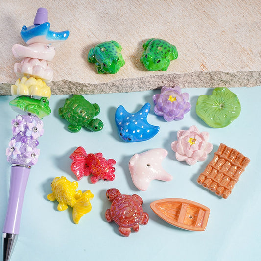 UV Coating Cute Turtle, Golden Fish, Lotus Flower, Boat, Ray, Lotus Leaf, Bamboo Raft Nature's Harmony Acrylic Beads Random Mix