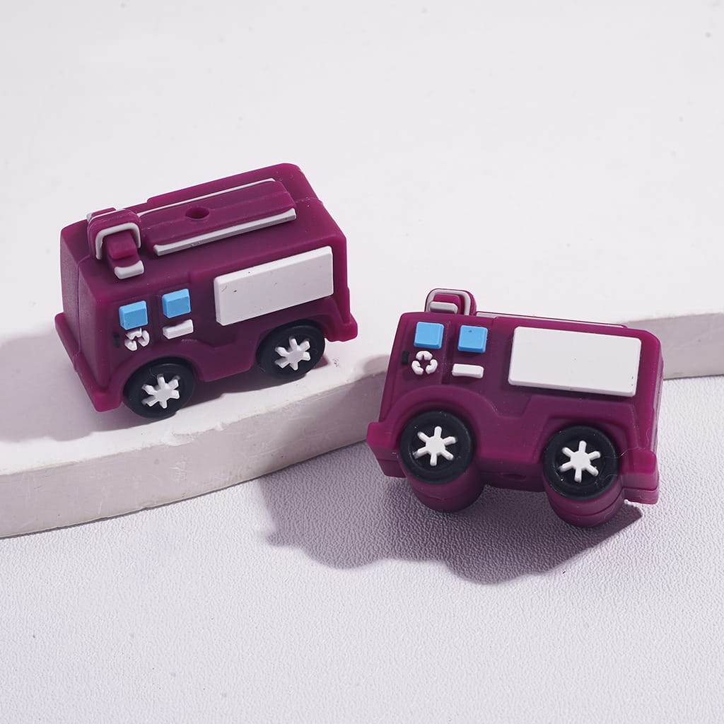 3D Mini Fire Fighting Truck in Red and Purple Color Silicone Focal Beads
