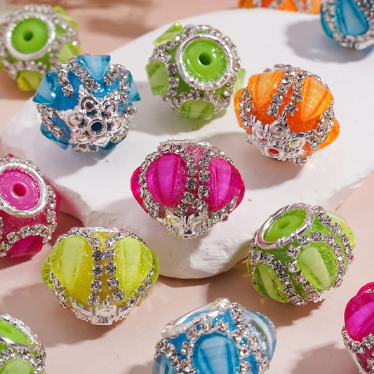 Silver Alloy Six Pointed Flower & Round Ring on Both Base Sides, w Drop Water & Clear Rhinestone Chains, Neon Colors, Handmade Acrylic Beads  22MM, Random Mix