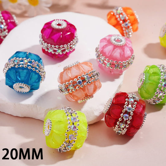 Silver Alloy Round Base, Heart & AB Rhinestone Chains Fluorescent Colors Handcrafted Acrylic Beads 20MM Random Mix