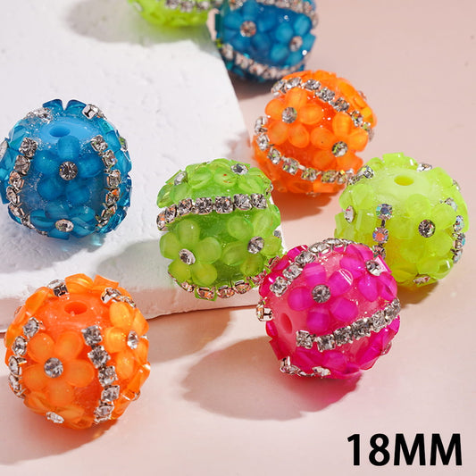Five-Petal Flowers & Clear Rhinestone Chains Fluorescent Colors Handmade Acrylic Beads 18MM Random Mix