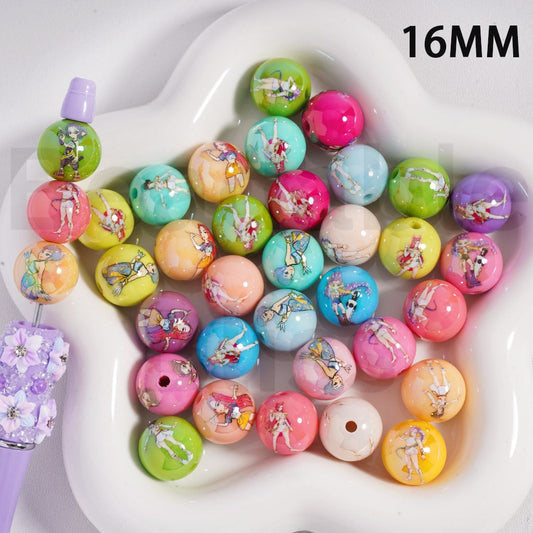 UV-Coated Girl Group Hunt Characters Solid Color Round Acrylic Beads 16MM, Random Mix