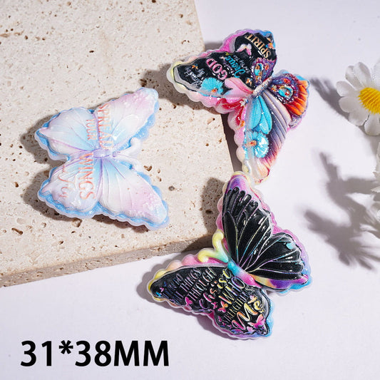 Vibrant Butterfly with Flower & Inspirational Word Text Silicone Focal Beads 31*38MM, Assorted Designs, Random Mix