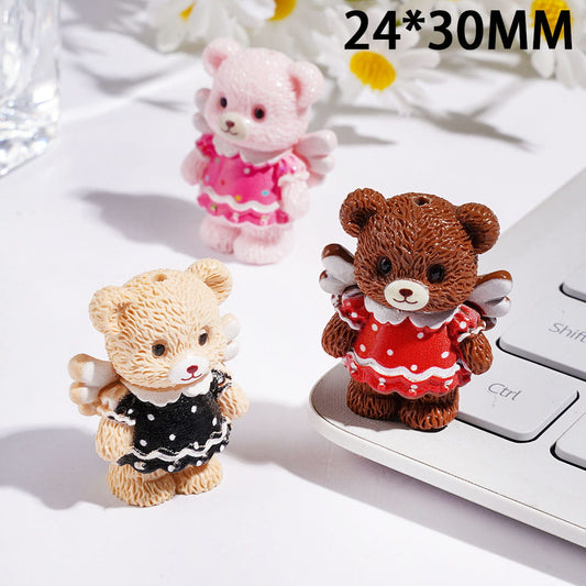 3D Cute Teddy Bear with Angel Wings & Colorful Dress Silicone Focal Beads 24*30MM Random Mix