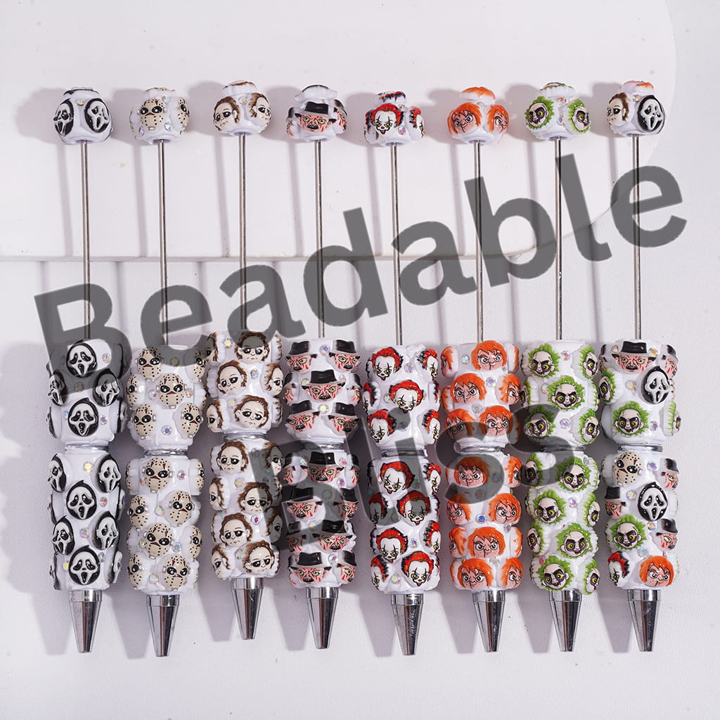 Beadable Clay Pens with Horror Character Head-Parts Series and AB Rhinestones