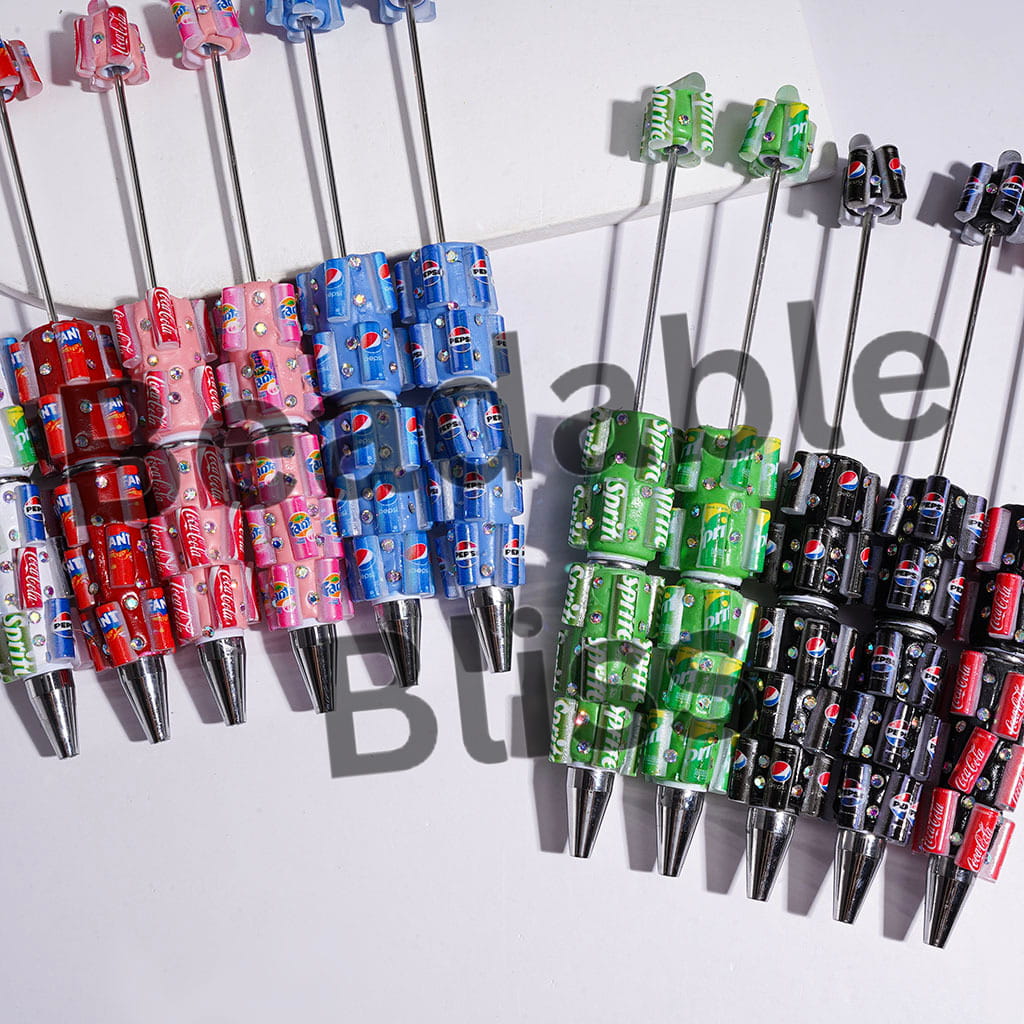Beadable Clay Pens with Soda Carbonated Soft Drinking Can and AB Rhinestones, Diverse Designs