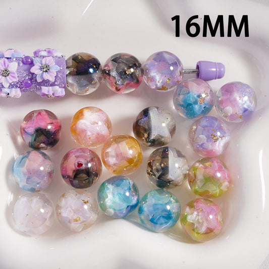 UV Coated Clear with Large Multi-Color Star and Gold Foil Flower Inside, Round Acrylic Beads 16MM, Random Mix