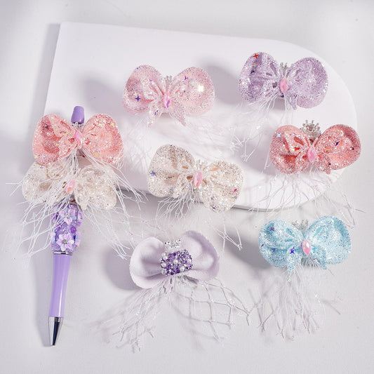 Fancy Silver Crown with Glitter Pearls & Rhinestones Fabric Butterfly Bow Sugar Acrylic Beads