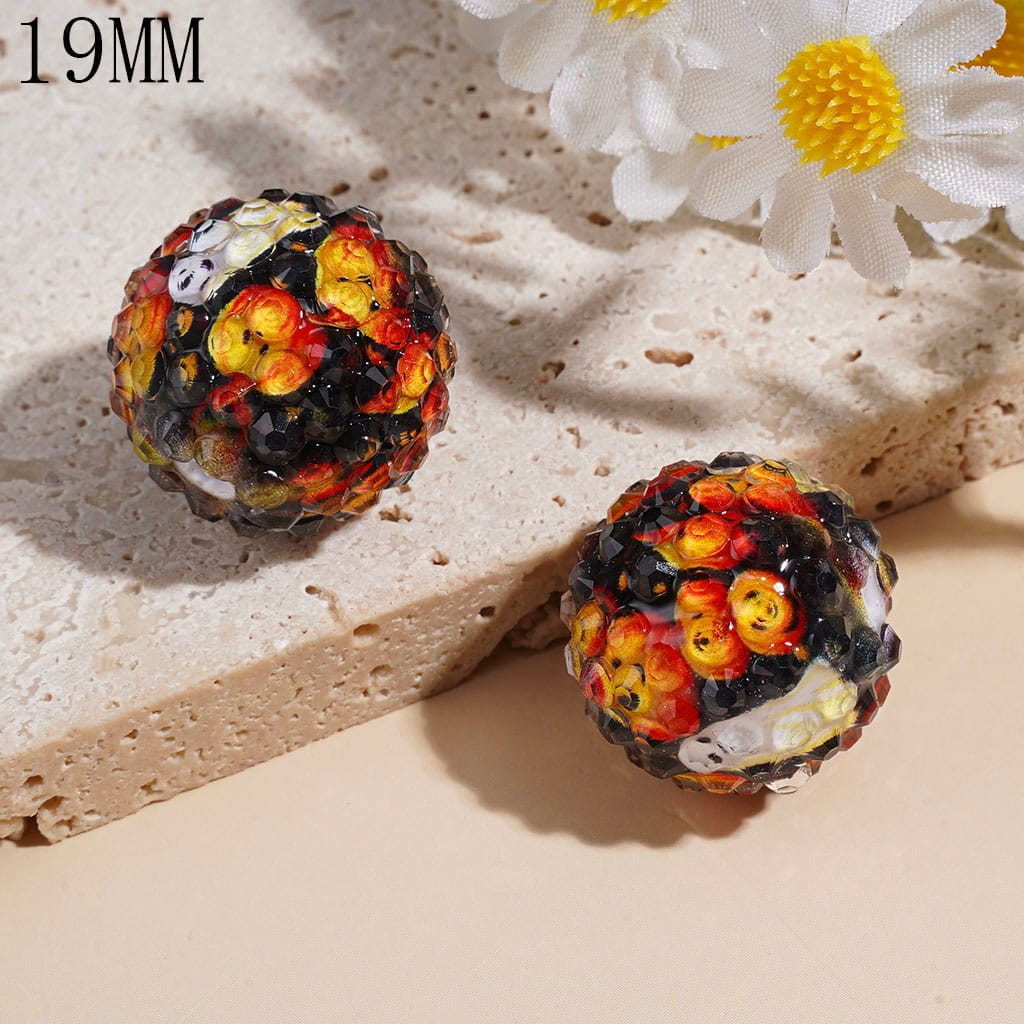 Clear Rhinestones on Ghost Spider Pumpkin Skull Patterns Background Acrylic Beads, 19MM, Various Halloween Style