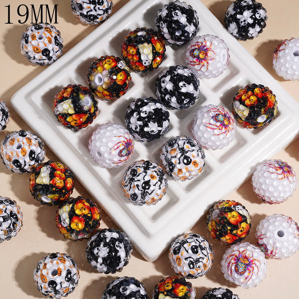 Clear Rhinestones on Ghost Spider Pumpkin Skull Patterns Background Acrylic Beads, 19MM, Various Halloween Style