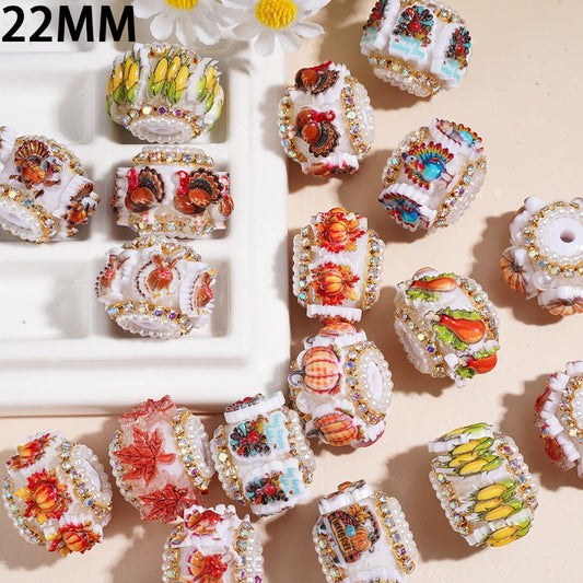 Thanksgiving Day Theme Acrylic Beads with Pumpkin, Turkey, Corn, Maple Leaf, White Pearl & Metal Chains & AB Rhinestone 22MM Multi-Color Random Mix