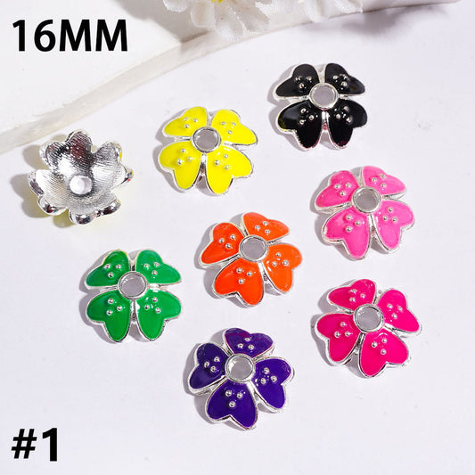 Five-Petal Flower Heart Shaped Leaf Silver & Gold Background Alloy Bead Cages, Clear Rhinestones, 16MM (They Fit 14MM Beads)