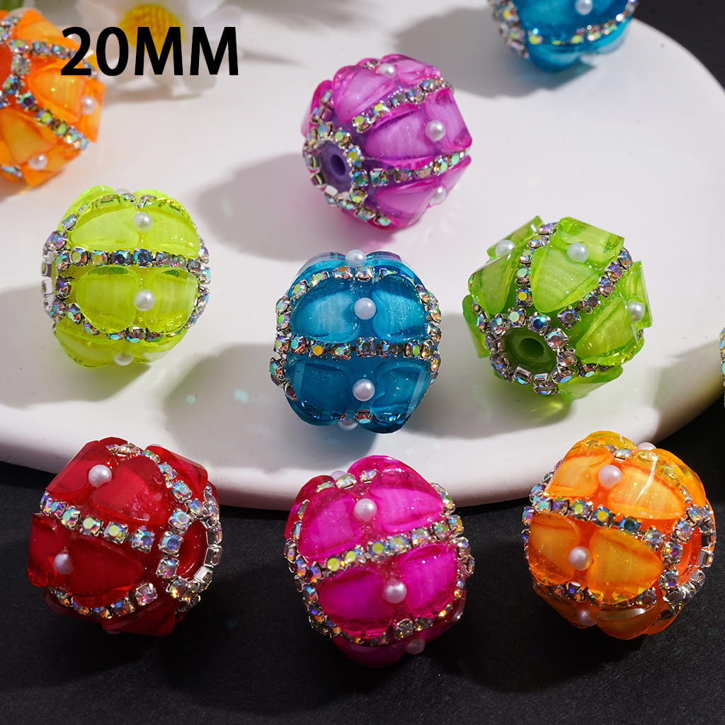 Handcrafted Acrylic Beads with Heart and AB Rhinestone Chains, White Pearls, Fluorescence Colors, 20MM (Please Read Description)