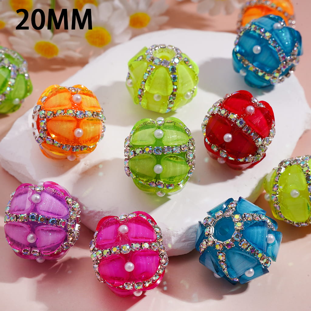 Handcrafted Acrylic Beads with Heart and AB Rhinestone Chains, White Pearls, Fluorescence Colors, 20MM (Please Read Description)