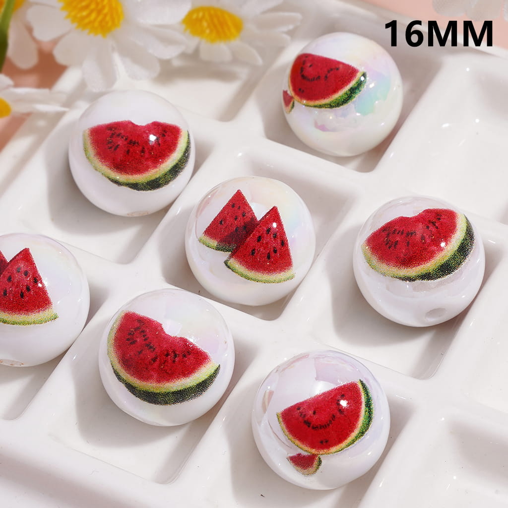 Summer Watermelon Pattern White Round Acrylic Beads 16MM, Random Mix