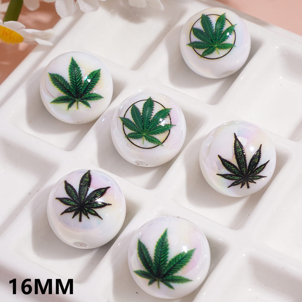 Nature Theme Green Leaf Pattern White Round Acrylic Beads for Bracelets 16MM Random Mix