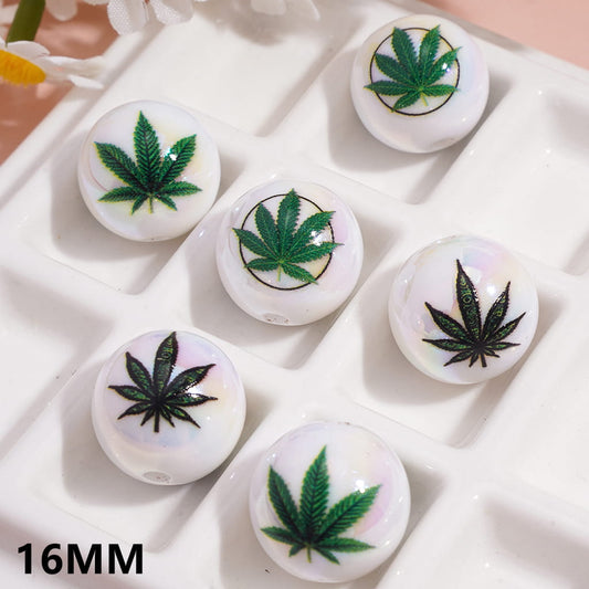 Nature Theme Green Leaf Pattern White Round Acrylic Beads for Bracelets 16MM Random Mix