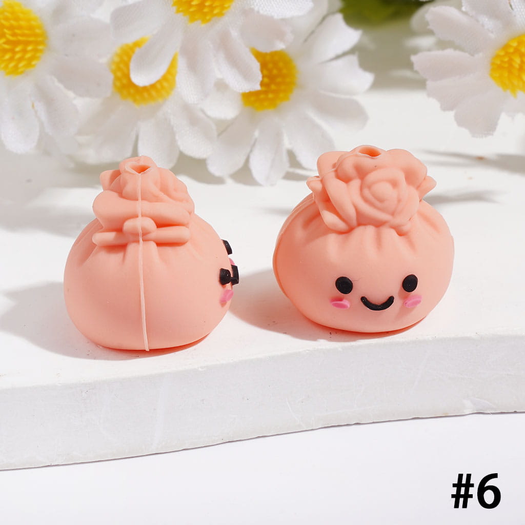 3D Smiling Dumpling with Rose Flower Silicone Focal Beads, Multi-Color