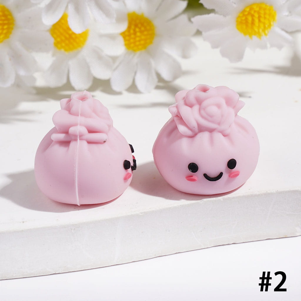 3D Smiling Dumpling with Rose Flower Silicone Focal Beads, Multi-Color