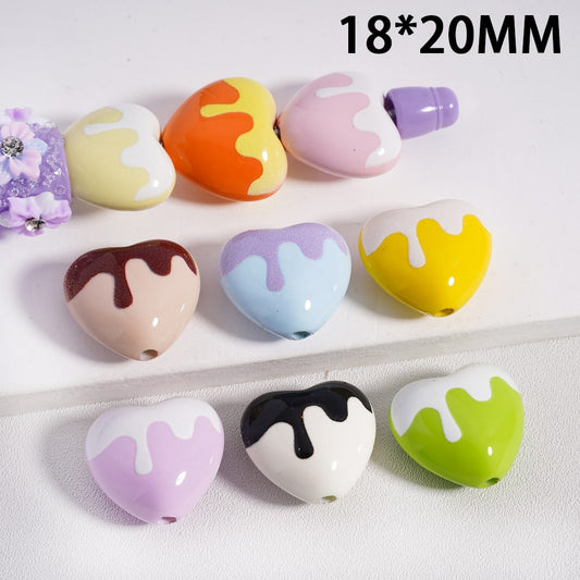 Solid Color Cute Heart Shaped Acrylic Beads Dripping Effect 18*20MM, Random Mix