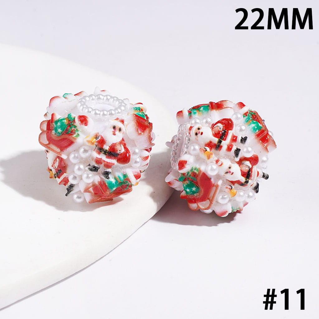 22MM-Christmas Tree Santa Claus Sock Snowman Gloves Bells Sleigh Wreath Candy Cane Acrylic Beads, White Pearls, Red Green White Base