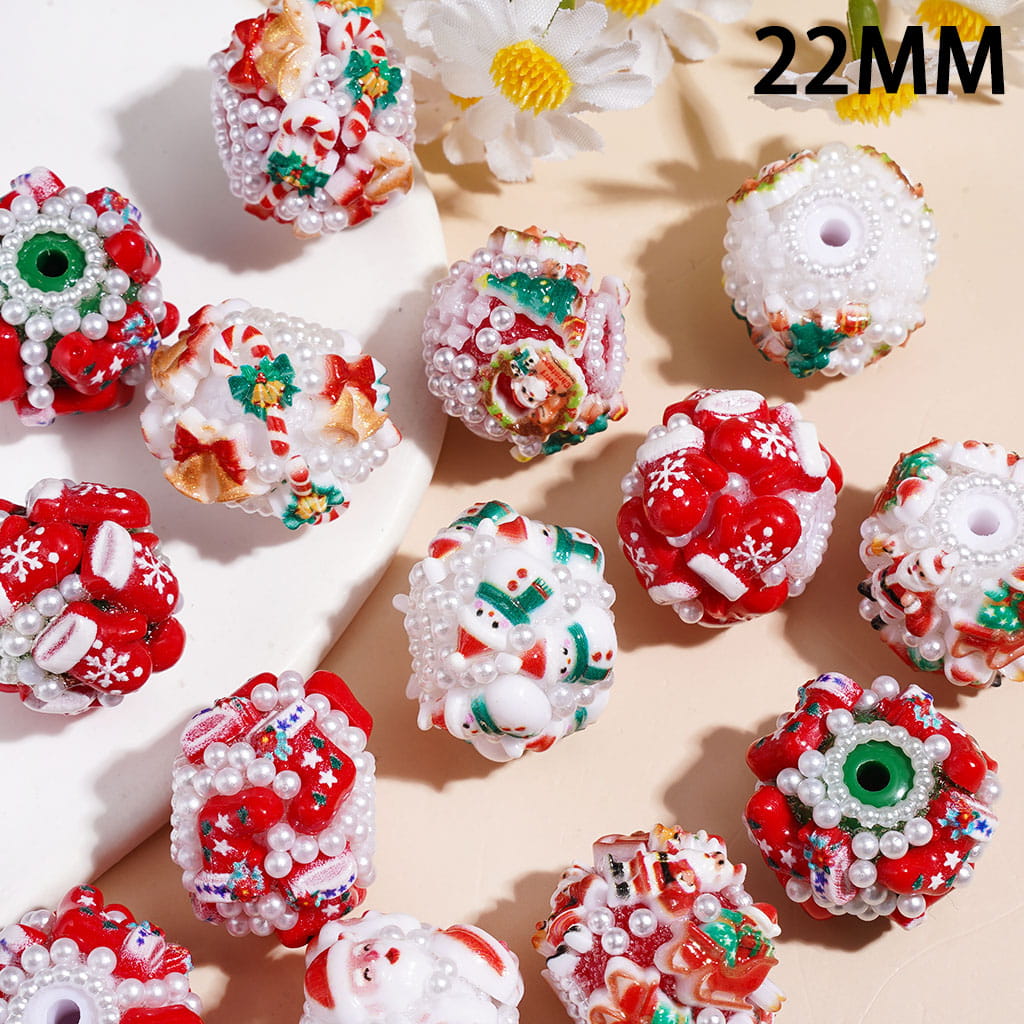 22MM-Christmas Tree Santa Claus Sock Snowman Gloves Bells Sleigh Wreath Candy Cane Acrylic Beads, White Pearls, Red Green White Base