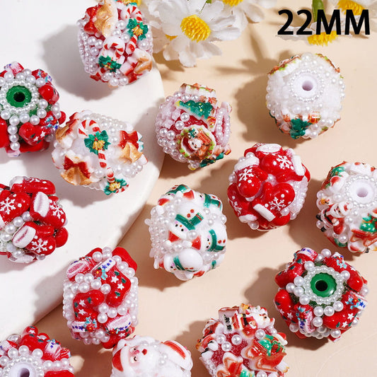 Christmas Tree, Santa Claus, Christmas Stocking, Snowman, Mittens, Candy Cane, Holly Leaves & Gold Bells with White Pearl Trim, Acrylic Beads, 22MM, Random Mix