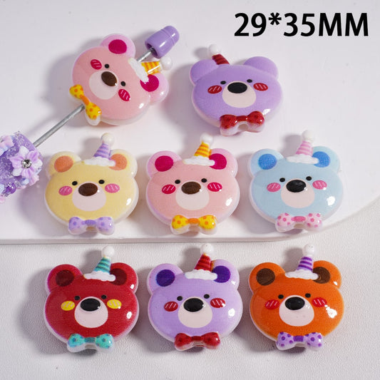 UV-Coated Cute Bear Head Face with Birthday Hat & Bowknot Acrylic Beads 29*35MM, Random Mix