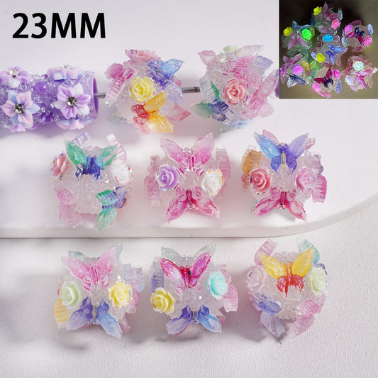 Luminous Cute Round Sugar Rose Flowers & Butterflies Acrylic Beads 23MM, Random Mix