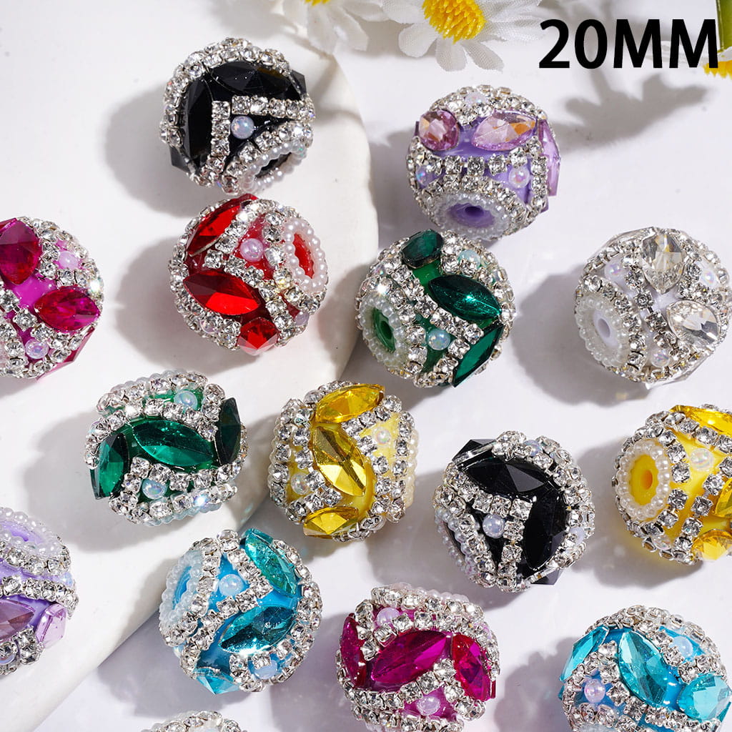 Handmade Acrylic Beads w Leaf Shaped Rhinestones & UV Coated Half-Shell Pearls, Clear Rhinestone & White Pearl Chains, 20MM, Multi-Color