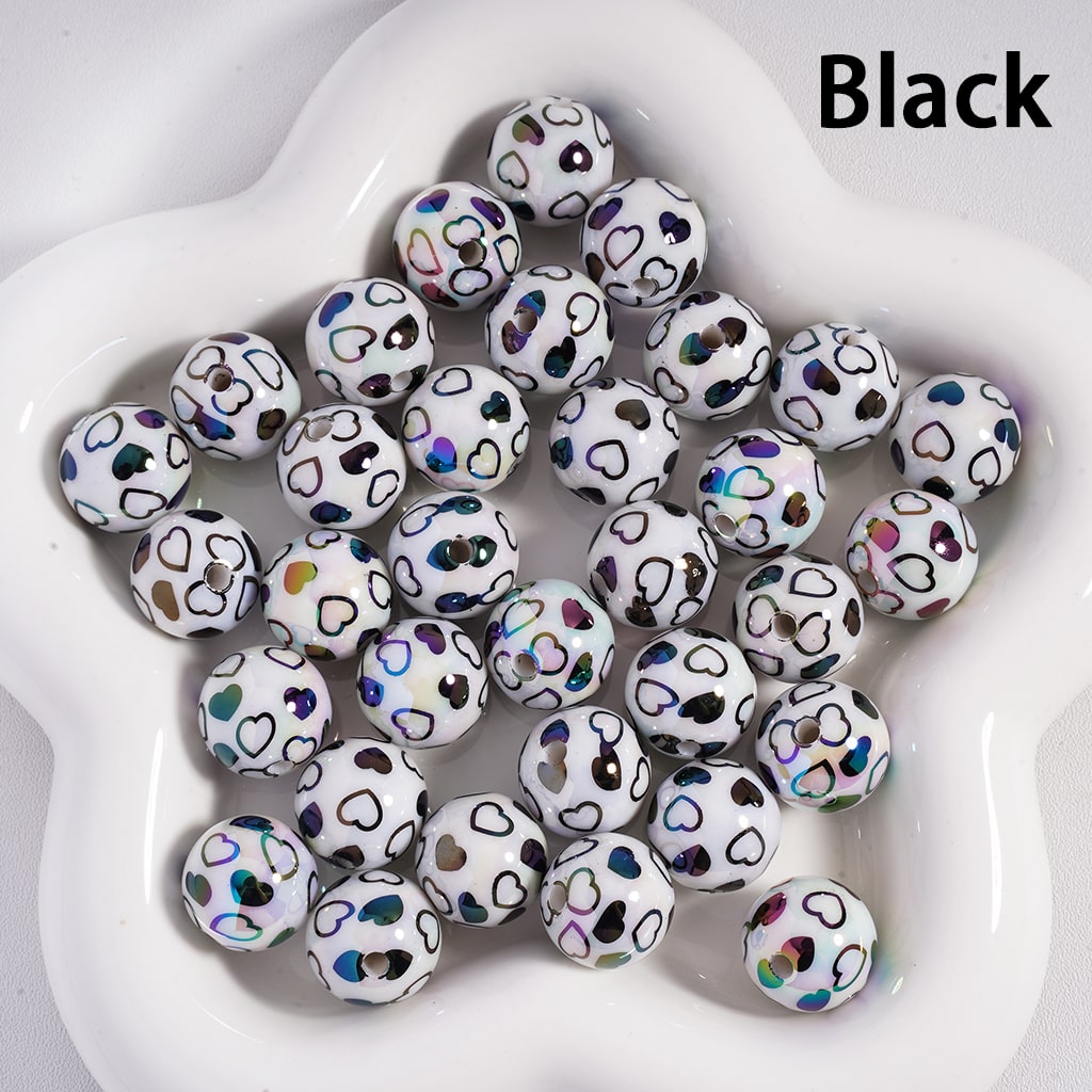UV Coated Mini White Round Acrylic Beads with Multi-Color Hearts Print