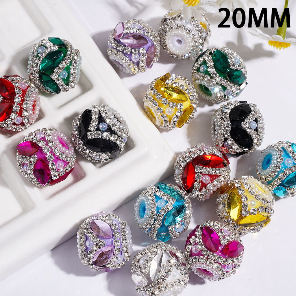 Handmade Acrylic Beads w Leaf Shaped Rhinestones & UV Coated Half-Shell Pearls, Clear Rhinestone & White Pearl Chains, 20MM, Multi-Color
