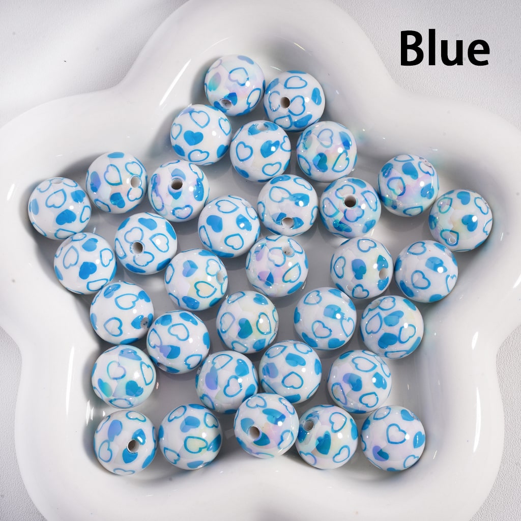 UV Coated Mini White Round Acrylic Beads with Multi-Color Hearts Print