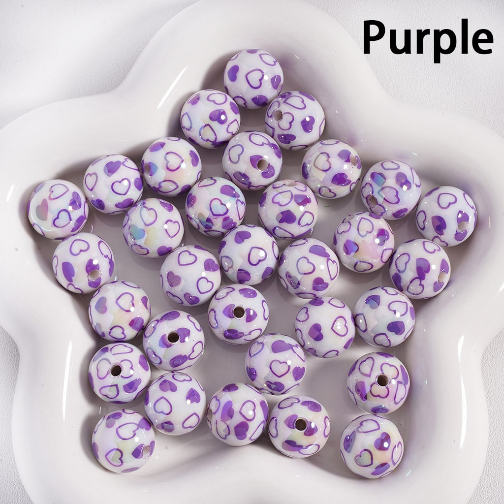 UV Coated Mini White Round Acrylic Beads with Multi-Color Hearts Print