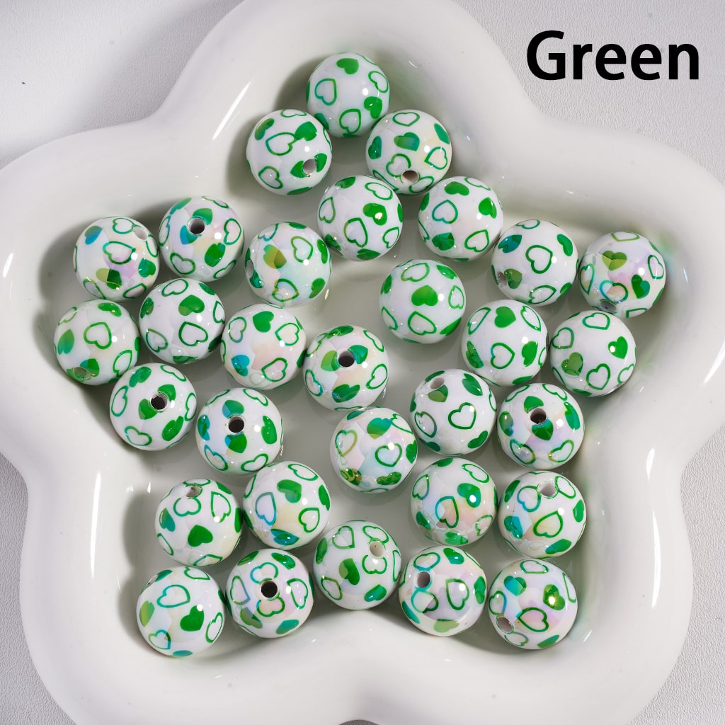 UV Coated Mini White Round Acrylic Beads with Multi-Color Hearts Print
