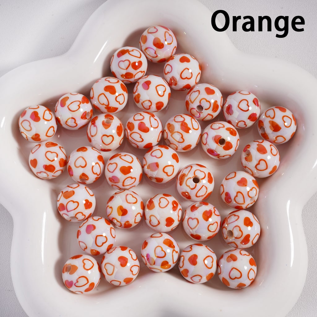 UV Coated Mini White Round Acrylic Beads with Multi-Color Hearts Print