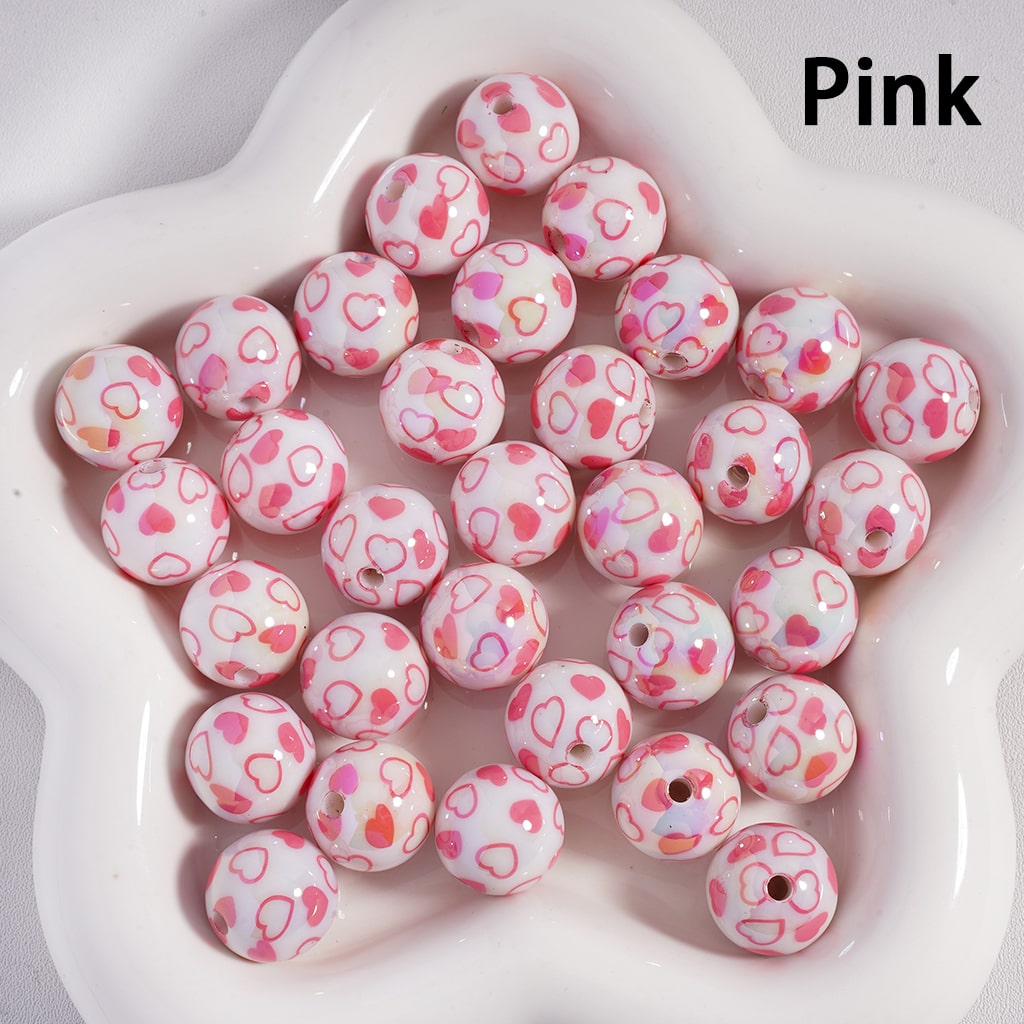 UV Coated Mini White Round Acrylic Beads with Multi-Color Hearts Print