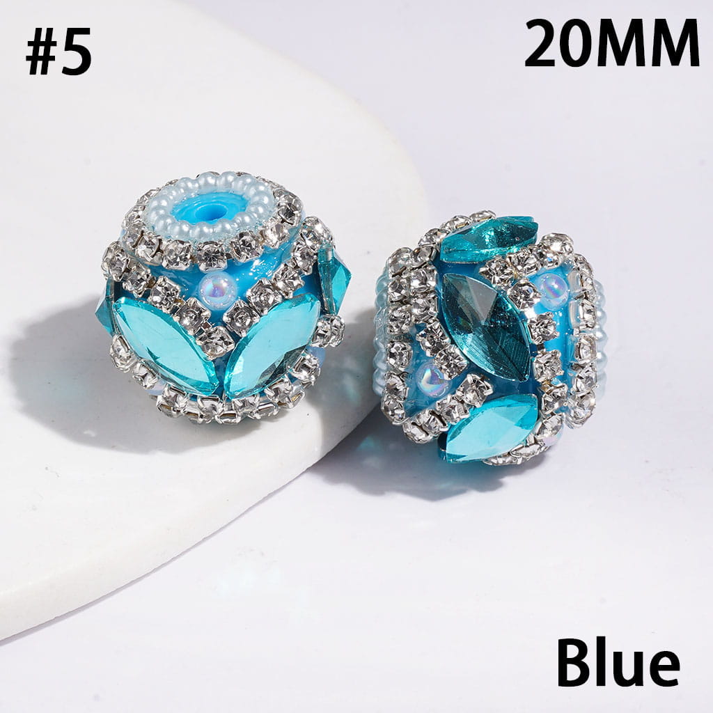 Handmade Acrylic Beads w Leaf Shaped Rhinestones & UV Coated Half-Shell Pearls, Clear Rhinestone & White Pearl Chains, 20MM, Multi-Color