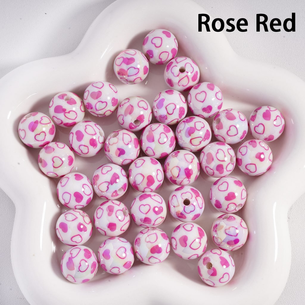 UV Coated Mini White Round Acrylic Beads with Multi-Color Hearts Print