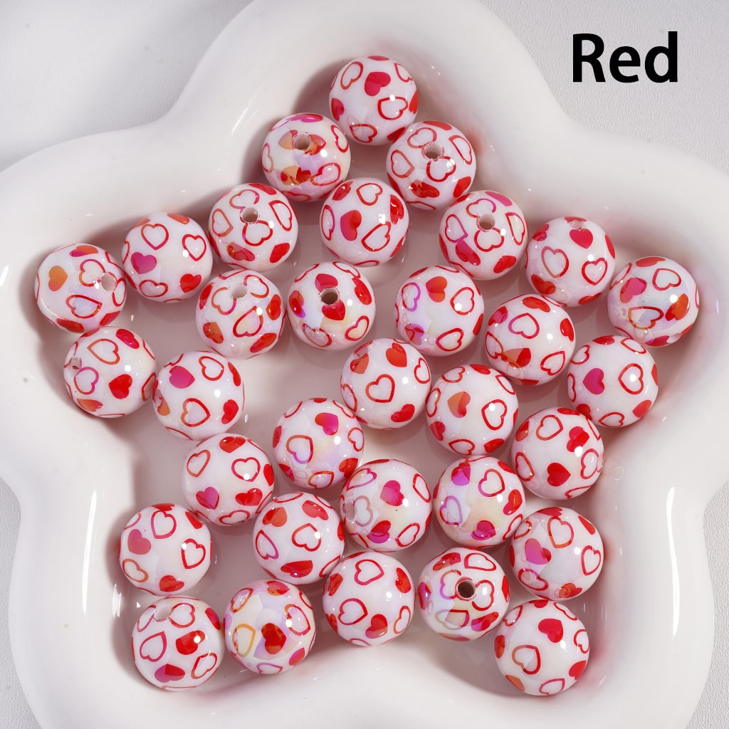 UV Coated Mini White Round Acrylic Beads with Multi-Color Hearts Print