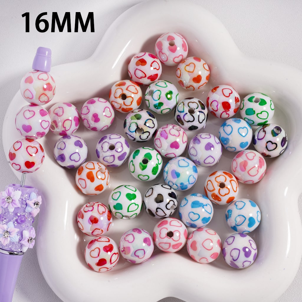 UV Coated Mini White Round Acrylic Beads with Multi-Color Hearts Print
