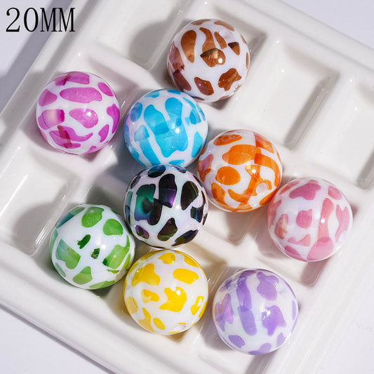 UV Coating Colorful Cow Print Round Acrylic Beads for Bracelets, Assorted Colors, Random Mix