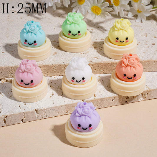 Cute Smiling Face Flower Dumpling with Steamer Basket Silicone Focal Beads, Height 25MM Multi-Color