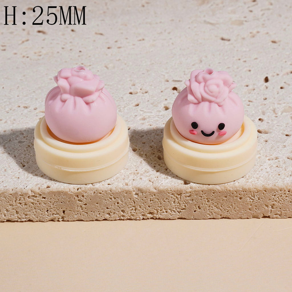 3D Smiling Dumpling with Rose Flower and Steamer Basket Silicone Focal Beads, Height 25MM Multi-Color