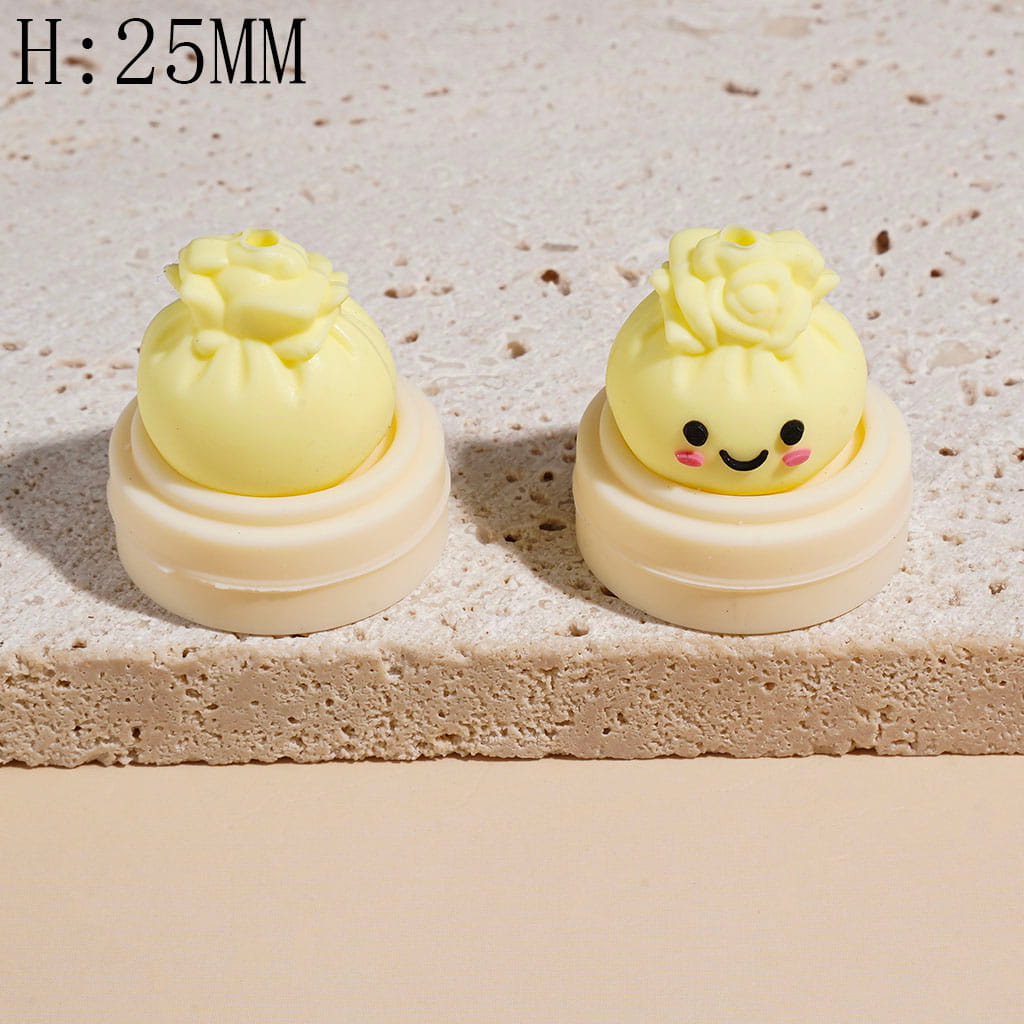 3D Smiling Dumpling with Rose Flower and Steamer Basket Silicone Focal Beads, Height 25MM Multi-Color