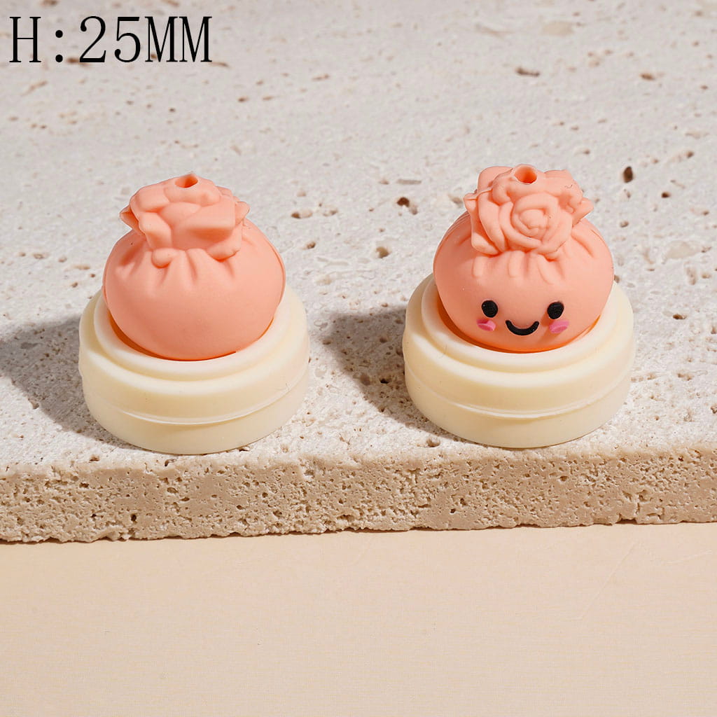 3D Smiling Dumpling with Rose Flower and Steamer Basket Silicone Focal Beads, Height 25MM Multi-Color